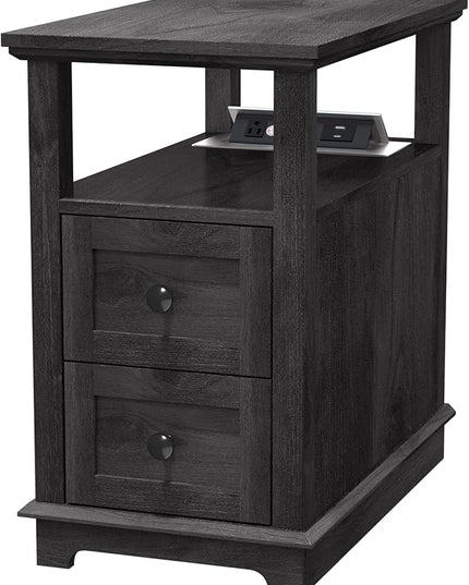 HIFYOBRO End Table with 2 Drawers, Storage Side Table with Flip Top Fast Charging Station, Type-C & USB port & Power outlets, Wooden Storage Cabinet for Living Room and Bedroom - LeafyLoom