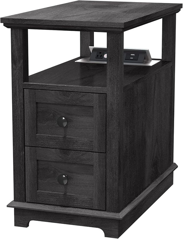 HIFYOBRO End Table with 2 Drawers, Storage Side Table with Flip Top Fast Charging Station, Type-C & USB port & Power outlets, Wooden Storage Cabinet for Living Room and Bedroom - LeafyLoom