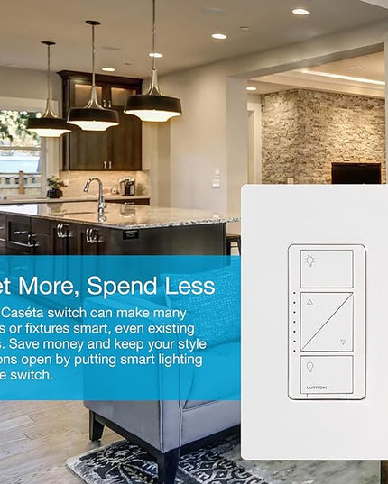 Lutron Caseta Original Smart Dimmer Switch With Wallplate (Lutron Smart Hub Required), for LED Lights, 150 Watt, Single-Pole/3-Way, No Neutral Required, PDW-6WCL-WH-A, White Lutron