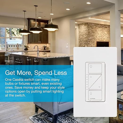 Lutron Caseta Smart Lighting Original Dimmer Switch (Lutron Smart Hub Required), for Light Bulbs, 150 Watt, Single-Pole/3-Way, No Neutral Required, PD-6WCL-WH, White Lutron