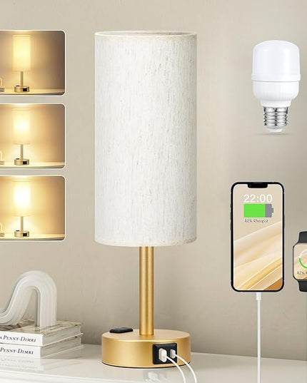Gold Nightstand Bedroom Lamp - 3 Way Dimmable Bedside Lamp USB C A Charging Ports and AC Outlet, Small Table Lamp Linen Lampshade for Office Desk, LED Bulb Included - LeafyLoom