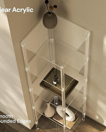 5 Tier Square Acrylic Bookshelf, Small Bookcase with Acrylic Fittings for Fixing to Wall, Corner Display Shelf for Living Room, Bedroom, Bathroom, Small Spaces, Clear, 11.6'' W x 44'' H - LeafyLoom