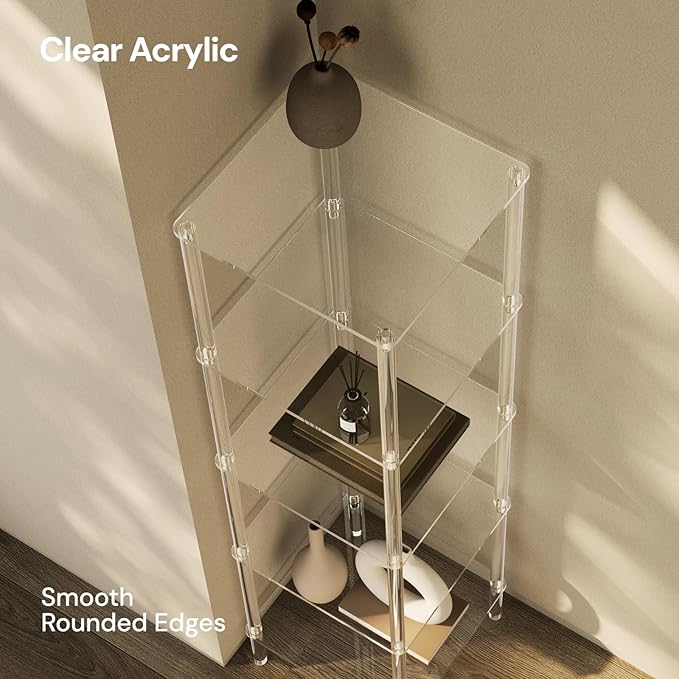 5 Tier Square Acrylic Bookshelf, Small Bookcase with Acrylic Fittings for Fixing to Wall, Corner Display Shelf for Living Room, Bedroom, Bathroom, Small Spaces, Clear, 11.6'' W x 44'' H - LeafyLoom