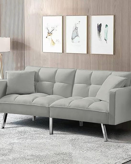 74" Futon Sofa Bed Living Room Furniture Sets Modern Convertible Folding Lounge Couch Loveseat Daybed Upholstered Sofá with 2 Pillows for Bedroom, Apartment, Home Office, Gray-3 - LeafyLoom