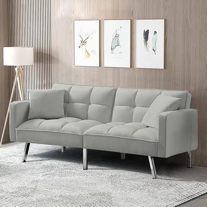 74" Futon Sofa Bed Living Room Furniture Sets Modern Convertible Folding Lounge Couch Loveseat Daybed Upholstered Sofá with 2 Pillows for Bedroom, Apartment, Home Office, Gray-3 - LeafyLoom
