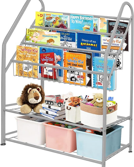 aboxoo Metal Kids Bookshelf Grey Bookcase LargeFreestanding for Children Room 32 in Toy Organizer Large Stable Bookcase Bookstore Library Book Unit Storage Kids Bed Living Room - LeafyLoom