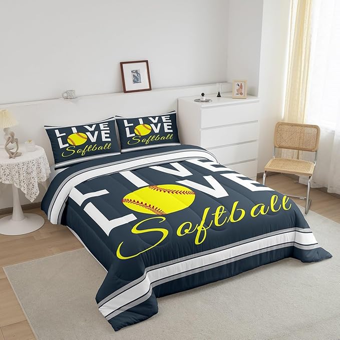 Kids Softball Comforter Set Full Size Softball Gaming Bedding Set for Boys Girls Teens Bedroom Decor Sports Theme Comforter Women Men Baseball Gaming Duvet Set with 2 Pillow Case - LeafyLoom