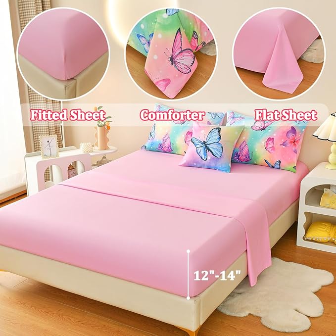 Butterfly Bedding Set Full, Pink Butterfly Comforter Set for Girls Kids Teens 6 pcs Bed in a Bag Full Bedding Sets for Girls - LeafyLoom