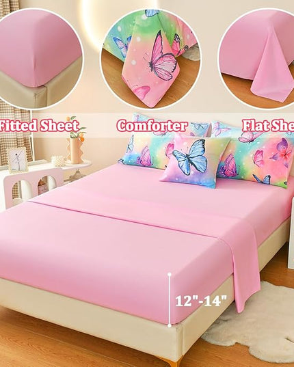 Butterfly Bedding Set Twin, Pink Butterfly Comforter Set for Girls Kids Teens 6 pcs Bed in a Bag Twin Bedding Sets for Girls - LeafyLoom