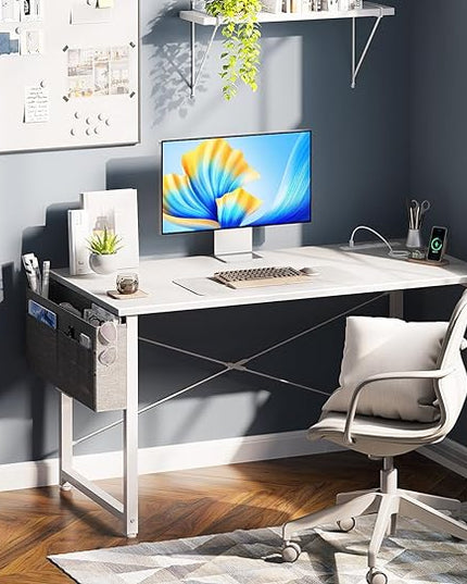 AODK 40 inch Small Computer Desk with Power Outlet for Small Spaces Home Office Student Laptop PC Writing Desks with Storage Bag Headphone Hook, White - LeafyLoom