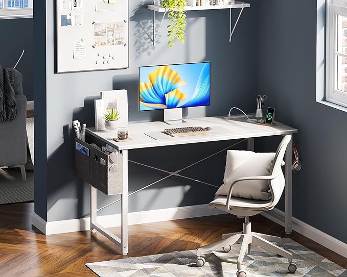 AODK 40 inch Small Computer Desk with Power Outlet for Small Spaces Home Office Student Laptop PC Writing Desks with Storage Bag Headphone Hook, White - LeafyLoom