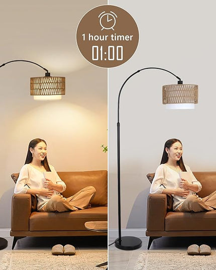 Arc Floor Lamp with Remote, Modern LED Floor Lamp with Dimmable Bulb, Boho Farmhouse Standing lamp with Fabric & Rattan Lampshades, Height Adjustable Black Tall Lamp for Living Room Bedroom - LeafyLoom