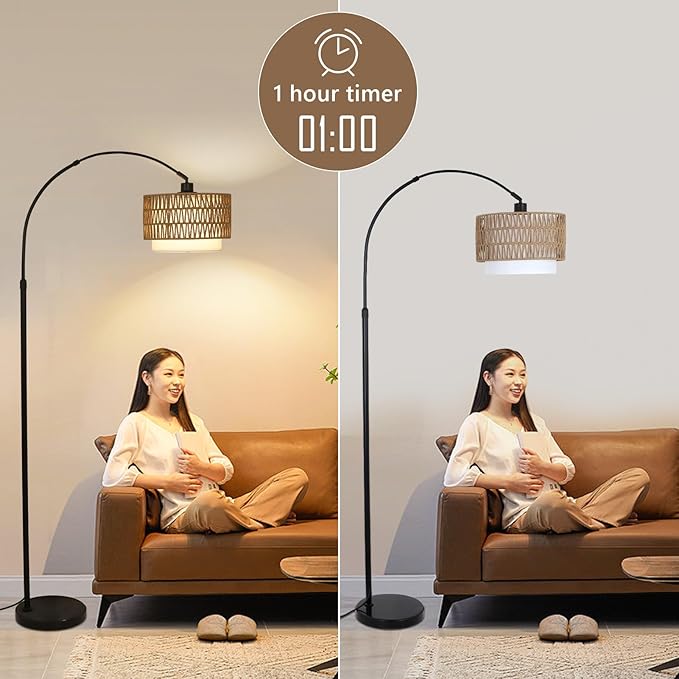 Arc Floor Lamp with Remote, Modern LED Floor Lamp with Dimmable Bulb, Boho Farmhouse Standing lamp with Fabric & Rattan Lampshades, Height Adjustable Black Tall Lamp for Living Room Bedroom - LeafyLoom