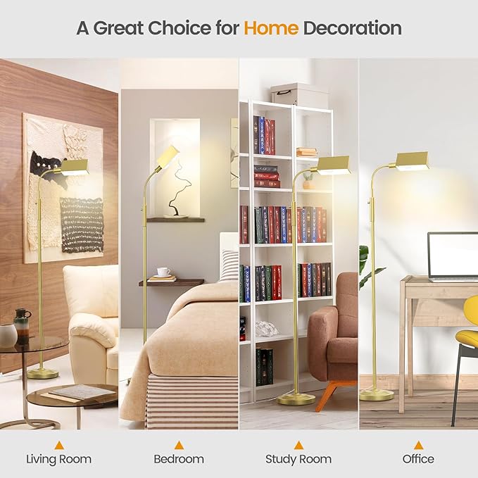 Stepless Dimmable Floor Lamp, Modern Reading Floor Lamp with Adjustable Metal Gooseneck, Standing Lamp for Living Room Bedroom Office Home Decor, 9W E26 Base Bulb Included(Gold) - LeafyLoom
