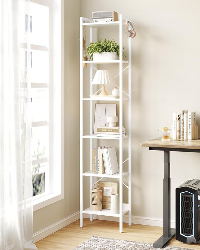 Bookshelf, Book Shelf, Industrial Bookcase with 2 Hooks, Coner Shelf Storage Organizer for Home Office, Living Room, Bedroom, Kitchen, 6-Tier White BC10713W - LeafyLoom