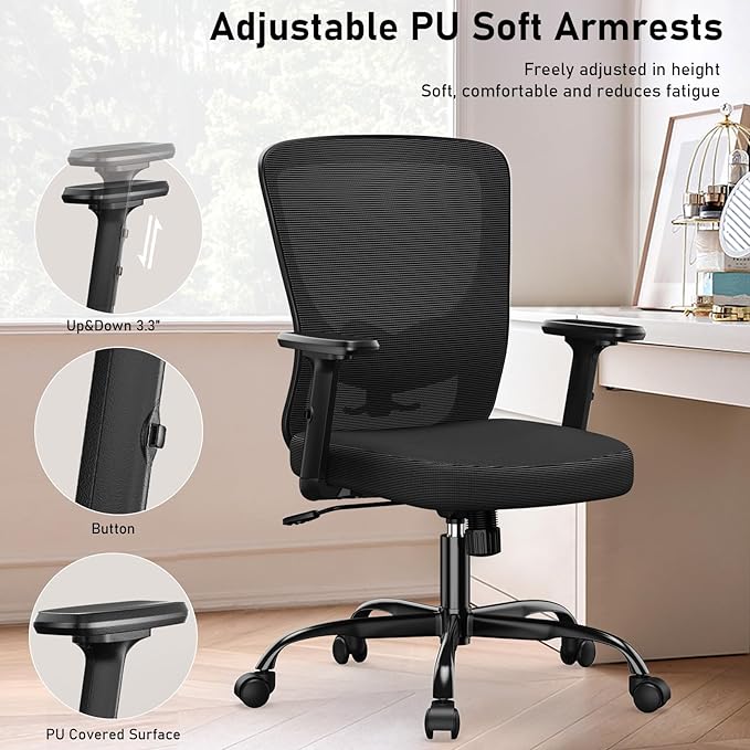 Office Chair, Ergonomic Desk Chair with Adjustable High Back, Breathable Mesh Computer Chair with Adjustable Armrests, Rolling Swivel Comfy Task Chairs, Executive Chair for Home Office - LeafyLoom