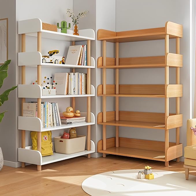 5-Tier Wooden Open Bookcase - Modern Display Bookshelf with Top Edge and Solid Wood Frame for Home and Office, Storage Cabinet, Oak - LeafyLoom
