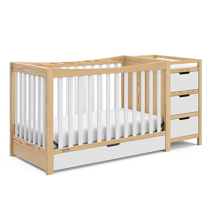 Graco Remi 4-In-1 Convertible Crib & Changer With Drawer (White & Natural) – GREENGUARD Gold Certified, Crib And Changing-Table Combo, Includes Changing Pad, Converts To Toddler Bed, Full-Size Bed - LeafyLoom