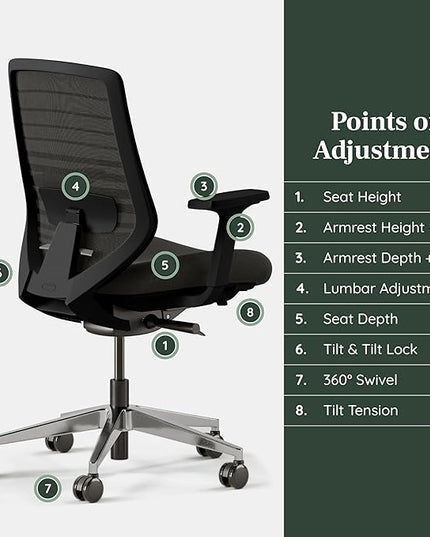 Branch Ergonomic Chair - A Versatile Desk Chair with Adjustable Lumbar Support, Breathable Mesh Backrest, and Smooth Wheels - Experience Optimal Comfort and Support - All Black - LeafyLoom