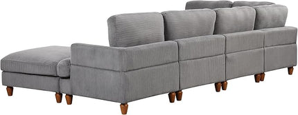 6 Seater Oversized Modular Sectional Sofa Convertible Sleeper Couch Bed with Movable Ottomans and Solid Wood Legs, Free Combination Corduroy Upholstered Lounge Sofabed for Living Room Office - LeafyLoom