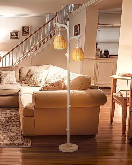 68" High Farmhouse Rustic Country Cottage Floor Lamp Tree Trunk Faux Wood Column White Washed Wicker Drum Shade Decor for Living Room Bedroom Reading Room - LeafyLoom