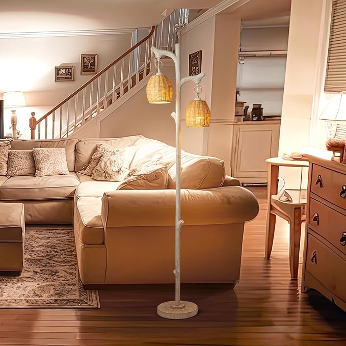 68" High Farmhouse Rustic Country Cottage Floor Lamp Tree Trunk Faux Wood Column White Washed Wicker Drum Shade Decor for Living Room Bedroom Reading Room - LeafyLoom