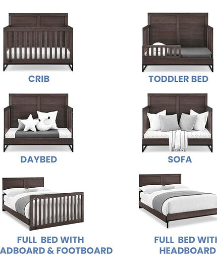 Simmons Kids Foundry 6-in-1 Convertible Baby Crib, Rustic Grey with Matte Black + Quiet Nights Breathable Crib Mattress with Removable/Machine Washable Cover (Bundle) - LeafyLoom