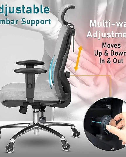 Duramont Ergonomic Office Chair with Adjustable Lumbar Support, High, Head and Arm Rests Back Pain Chairs with Breathable Mesh - Thick Seat Cushion, Reclines Desk Chair Rollerblade Wheels GREY - LeafyLoom