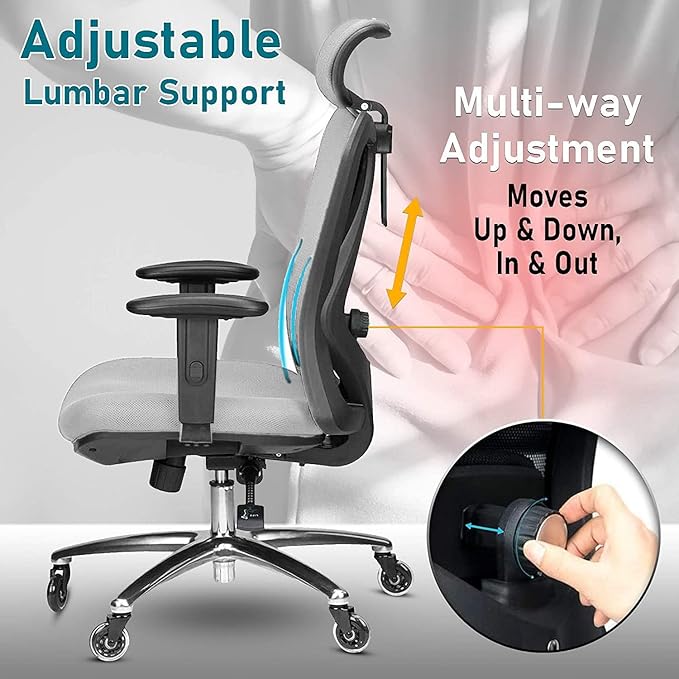 Duramont Ergonomic Office Chair with Adjustable Lumbar Support, High, Head and Arm Rests Back Pain Chairs with Breathable Mesh - Thick Seat Cushion, Reclines Desk Chair Rollerblade Wheels GREY - LeafyLoom