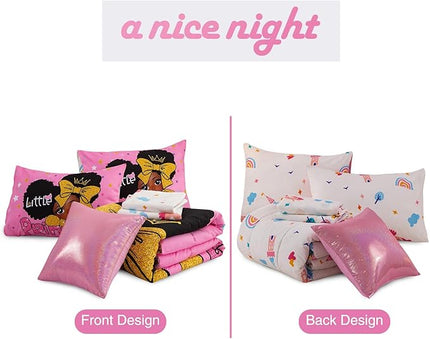 A Nice Night Black Girl Little Princess Comforter Set, Pink 6Pcs Bed in A Bag Twin Size Sparkling Stars Bedding Set,for Kids, Girls - LeafyLoom