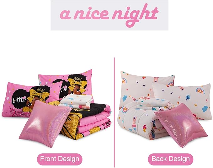 A Nice Night Black Girl Little Princess Comforter Set, Pink 6Pcs Bed in A Bag Twin Size Sparkling Stars Bedding Set,for Kids, Girls - LeafyLoom