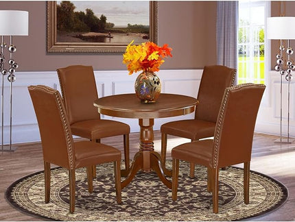 East West Furniture ANEN5-MAH-66 Antique 5 Piece Set Includes a Round Dining Room Table with Pedestal and 4 Brown Faux Leather Upholstered Parson Chairs, 36x36 Inch - LeafyLoom