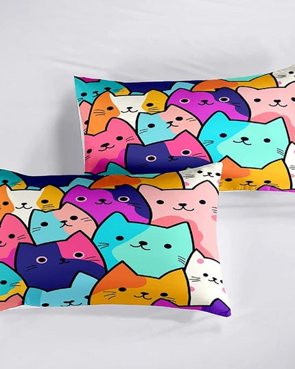 Cat Comforter Set Queen - Queen Size Colorful Cat Comforter Set for Kids Cute Cat Themed Bedding Queen Cartoon Cat Bedding for Girls, 1 Comforter+2 Pillowcases - LeafyLoom