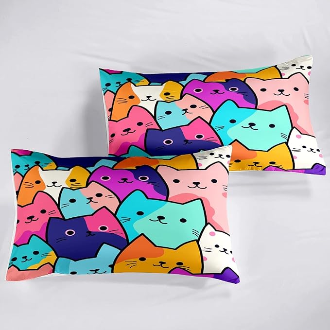 Cat Comforter Full Size - Full Size Comforter Girl Cat Cute Cat Bedding for Girls Kids Full Size Bedding Set Cats Colorful Cartoon Cat Comforter Set, 1 Comforter+2 Pillowcases - LeafyLoom