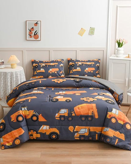 NTBED Construction Truck Comforter Set for Boys Kids Vehicles Excavator Cars Lightweight Microfiber Bedding Sets (Grey, Twin) - LeafyLoom
