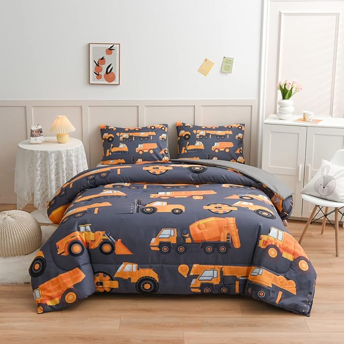 NTBED Construction Truck Comforter Set for Boys Kids Vehicles Excavator Cars Lightweight Microfiber Bedding Sets (Grey, Twin) - LeafyLoom