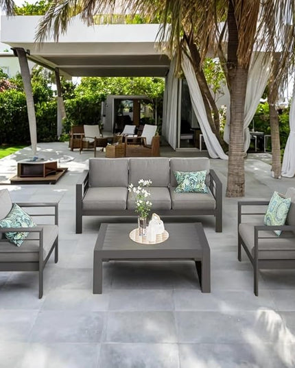 Solaste Aluminum Patio Furniture Set, 4 Pcs Modern Outdoor Conversation Set Sectional Sofa with Upgrade Cushion and Coffee Table,Grey - LeafyLoom