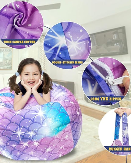 Stuffed Animal Storage Bean Bag Chair Cover, Hold Kids Plush Toys Blankets Towels Beanbag (Cover Only), Canvas Floor Circle Stuff Sit Seat Sofa with YKK Zipper, Large 32", Classic Mermaid - LeafyLoom