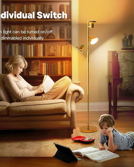 36W Super Bright Gold Floor Lamp, Modern LED Standing Lamp with Remote & Touch Control, 4 Color Temperatures, 3 Rotatable Lights, Dimmable Floor Lamps for Living Room, Bedroom, Office - LeafyLoom