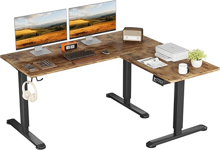 L-Shaped Electric Standing Desk, 63 x 48 Inches Height Adjustable Coner Table, Home Office Computer Workstation, Rustic Brown, 63 x 48 Inch - LeafyLoom