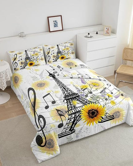 Feelyou Eiffel Tower Kids Comforter Set Cute Sunflower Comforter for Boys Children Teens Bedroom Decor Paris Tower Bedding Set Floral Music Themed Duvet Set King Size with 2 Pillow Case - LeafyLoom