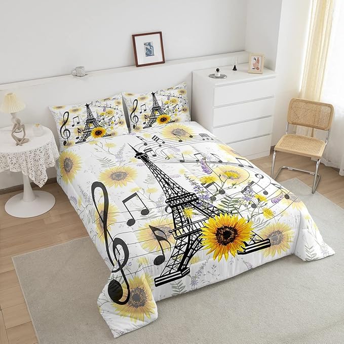 Feelyou Eiffel Tower Kids Comforter Set Cute Sunflower Comforter for Boys Children Teens Bedroom Decor Paris Tower Bedding Set Floral Music Themed Duvet Set King Size with 2 Pillow Case - LeafyLoom
