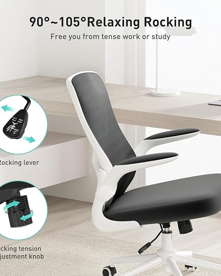 Hbada Office Chair Ergonomic Desk Chair, Office Desk Chairs with PU Silent Wheels, Breathable Mesh Computer Chair with Adjustable Lumbar Support, Flip-up Armrests, Tilt Function, White - LeafyLoom