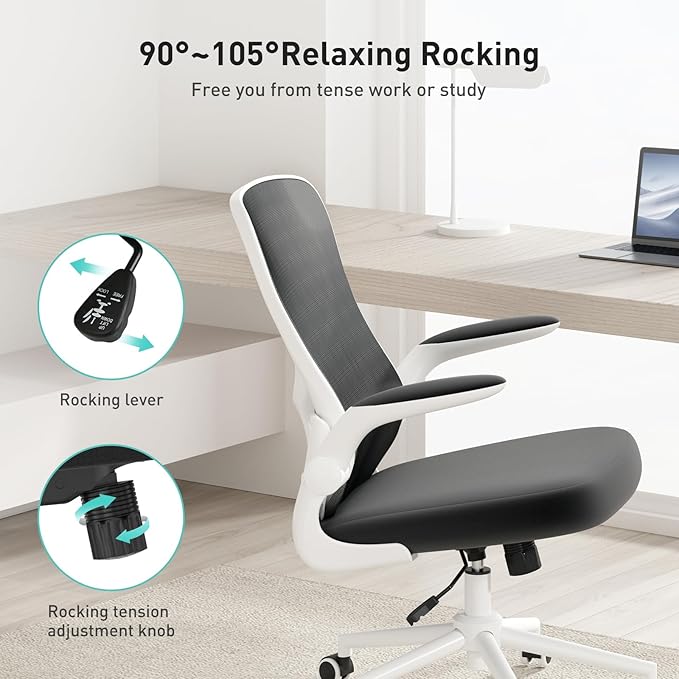 Hbada Office Chair Ergonomic Desk Chair, Office Desk Chairs with PU Silent Wheels, Breathable Mesh Computer Chair with Adjustable Lumbar Support, Flip-up Armrests, Tilt Function, White - LeafyLoom