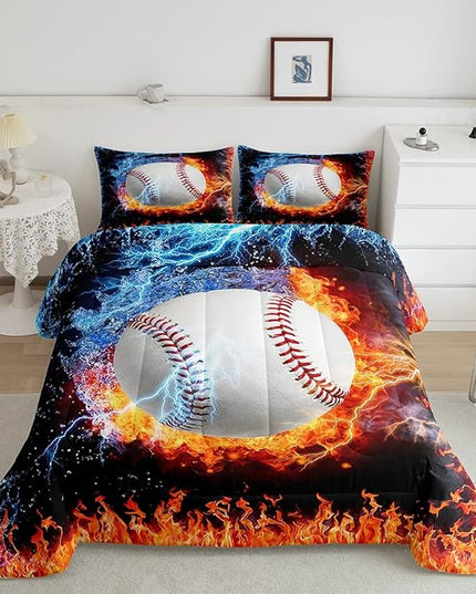Erosebridal Baseball Comforter Set King Size Sports Theme Bedding Kids Teens Boys Fire and Ice Sports Baseball Quilted Duvet Decoration 3 Pcs Bedding Comforters Red Blue with 2 Pillowcases - LeafyLoom