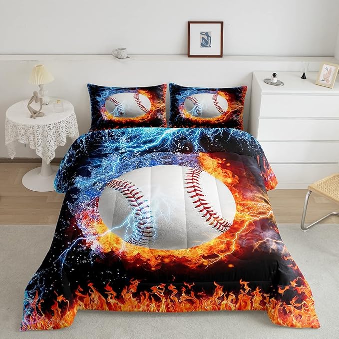 Erosebridal Baseball Comforter Set King Size Sports Theme Bedding Kids Teens Boys Fire and Ice Sports Baseball Quilted Duvet Decoration 3 Pcs Bedding Comforters Red Blue with 2 Pillowcases - LeafyLoom