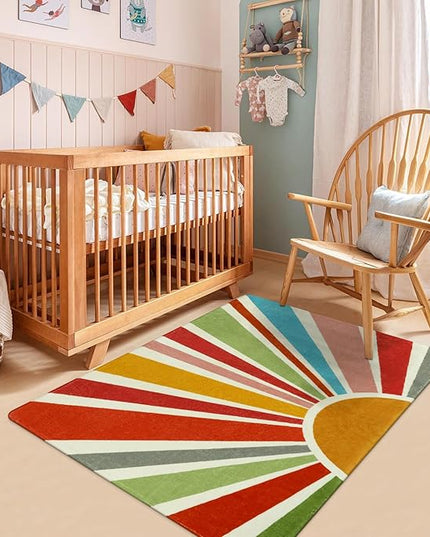 Boho Washable Rug 3'x5' Rug Kids Area Rug for Playroom, Colorful Kids Rug for Bedroom, Non-Slip Throw Sun Carpet Soft Small Sunshine Rug for Office Nursery Entryway Dorm - LeafyLoom