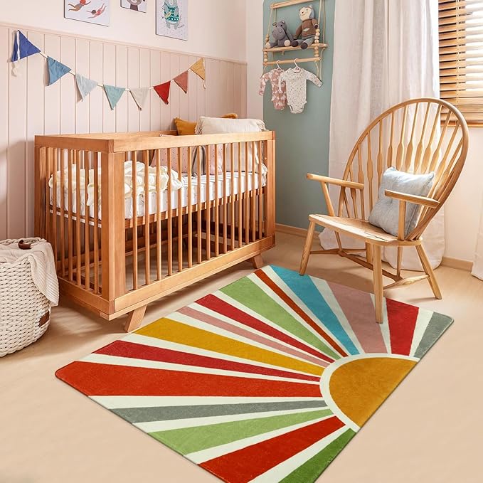 Boho Washable Rug 3'x5' Rug Kids Area Rug for Playroom, Colorful Kids Rug for Bedroom, Non-Slip Throw Sun Carpet Soft Small Sunshine Rug for Office Nursery Entryway Dorm - LeafyLoom