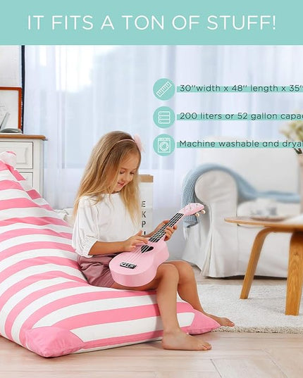 Aubliss Stuffed Animal Storage Bean Bag Chairs Cover, 50"x 35" Extra Large Bean Bags Chair for Kids & Adults, Beanbag Toy Storage for Boys Girls - Premium Cotton Canvas Pink Stripe - LeafyLoom