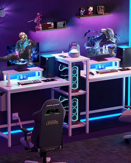 Furologee White 71" Gaming Desk with LED Lights, Long 2 Person Computer Desk with Printer Shelf and Monitor Stand, Double Office Desk with Cloth Bag and Hooks for Home Office (NO Power Outlets) - LeafyLoom